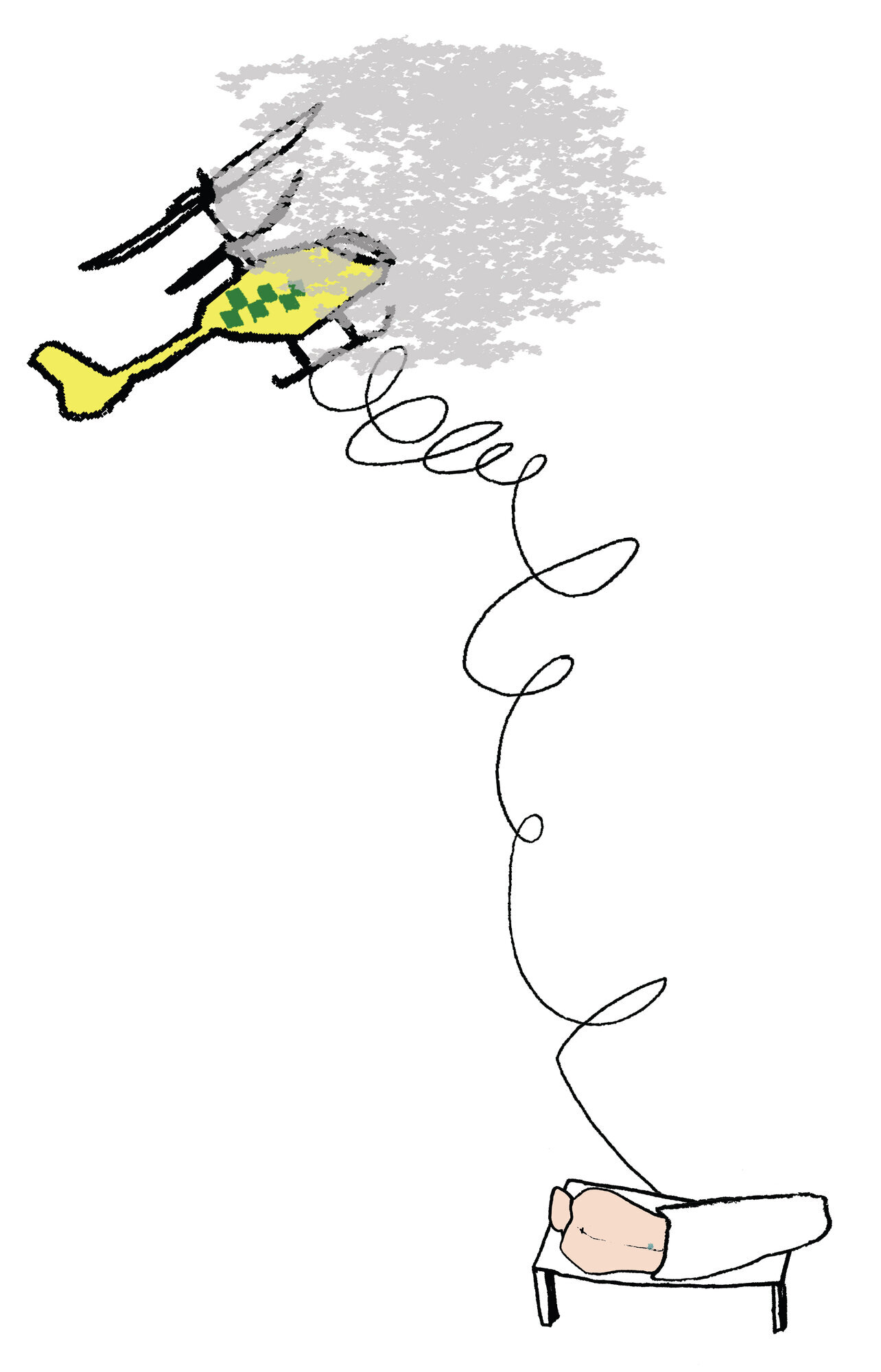 Illustrasjon av helikopter og sengeliggende pasient