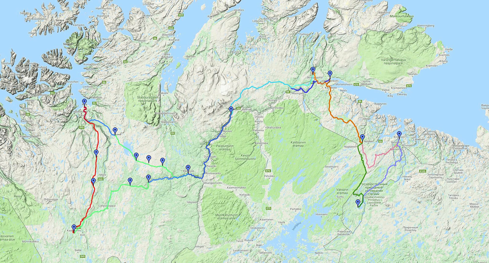 Google map av kjøreruta for Finnmarksløpet