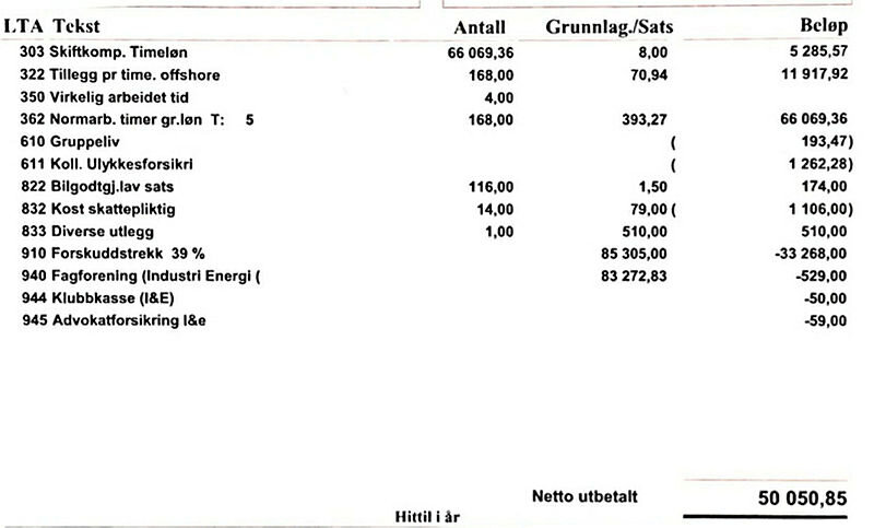 Bildet viser en typisk lønnsslipp for offshoresykepleier med maks ansiennitet, fra oktober 2017