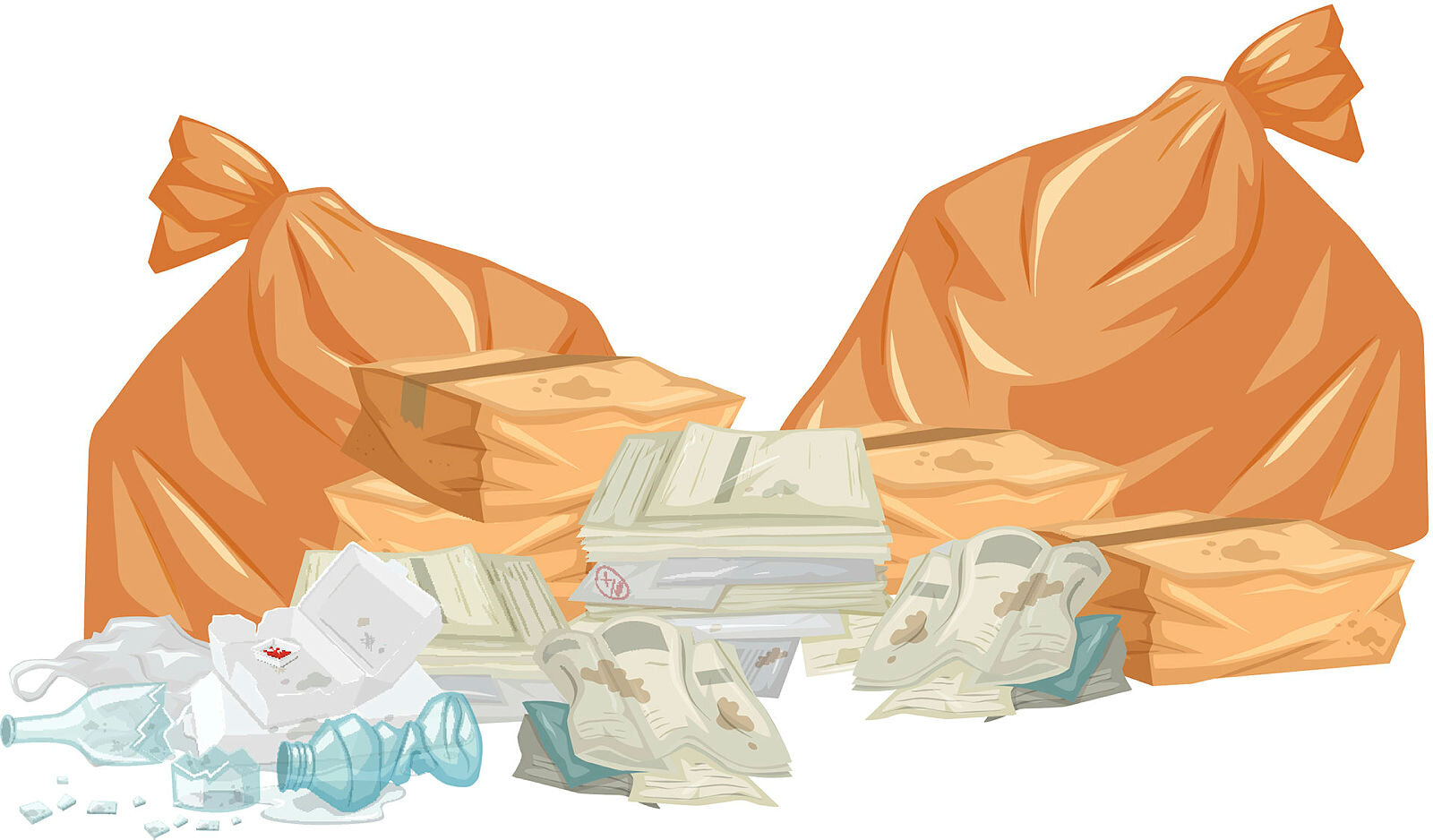 Illustrasjonen viser noen søppelsekker og stabler med papirer, bøker og litt annet søppel.