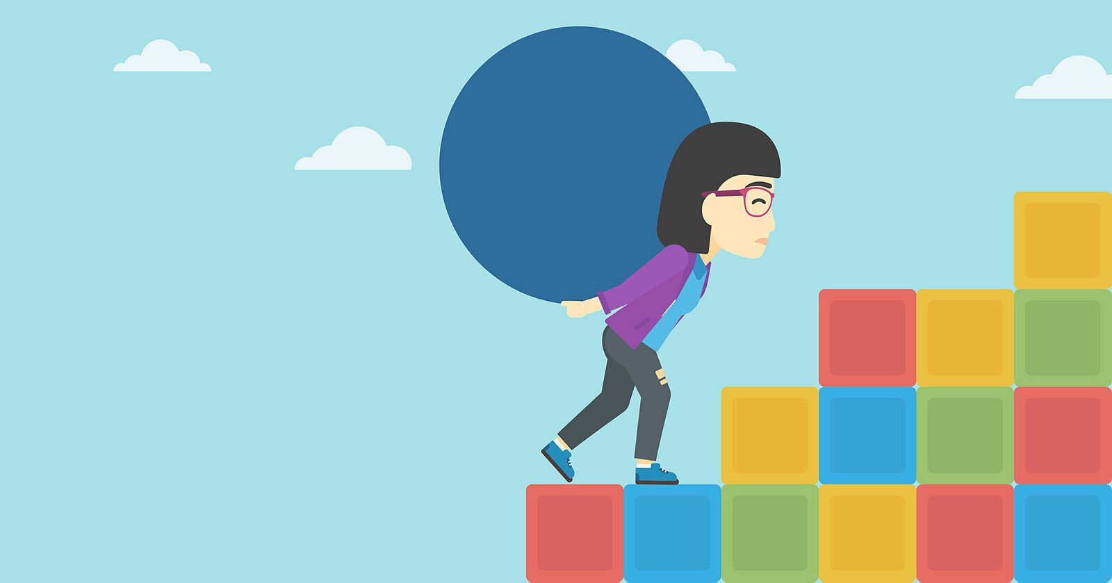 Illustrasjonen viser en kvinne som bærer en stein på ryggen opp en trapp