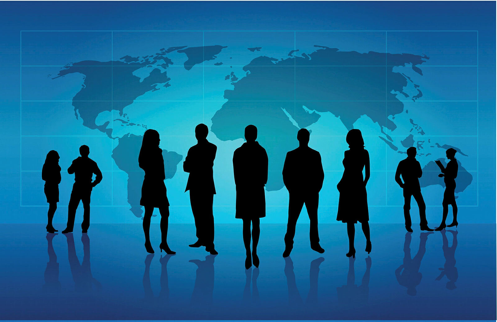 Silhuetter av folk som står foran et verdenskart