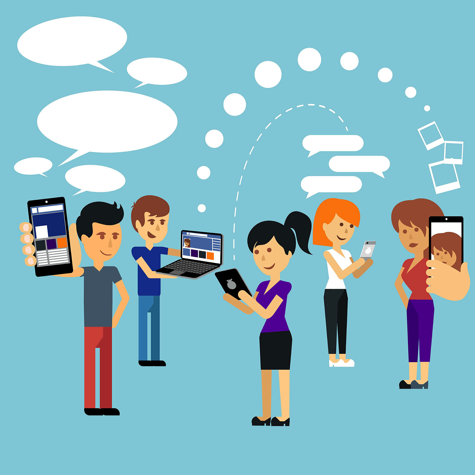 Illustrasjonen viser unge mennesker med PC-er og mobiltelefoner. De kommuniserer med hverandre og leser informasjon.