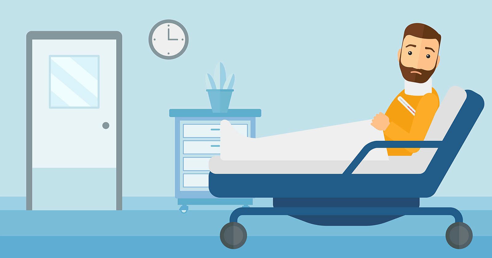 Tegningen viser en mann i en sykehusseng.