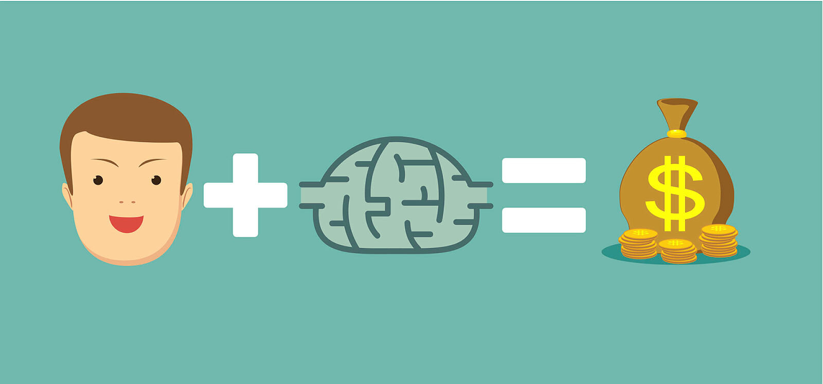Illustrasjonen viser regnestykket: et ansikt + en hjerne = en pengesekk