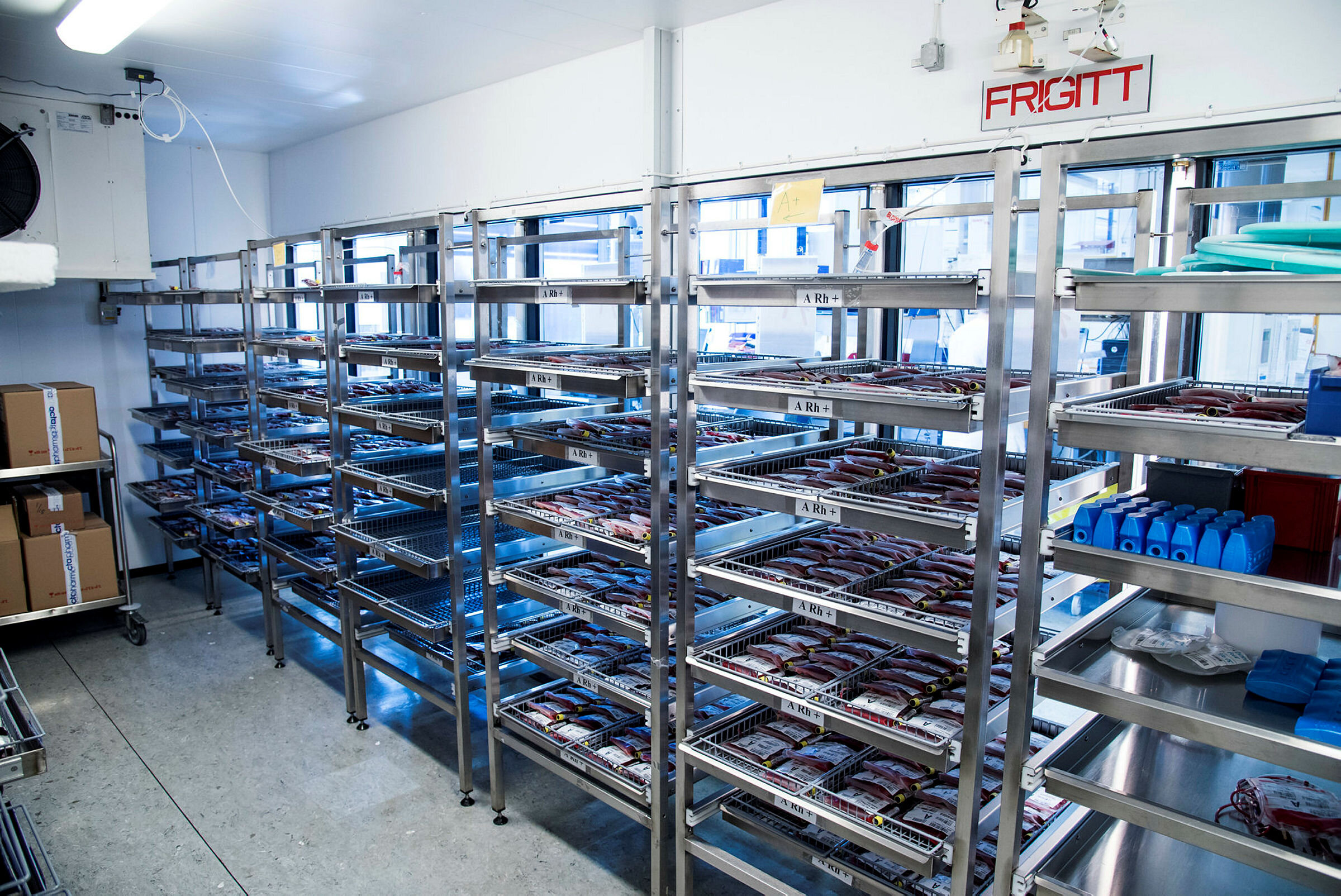 Bildet viser blod klart til transfusjon, Blodbanken, Ullevål sykehus.