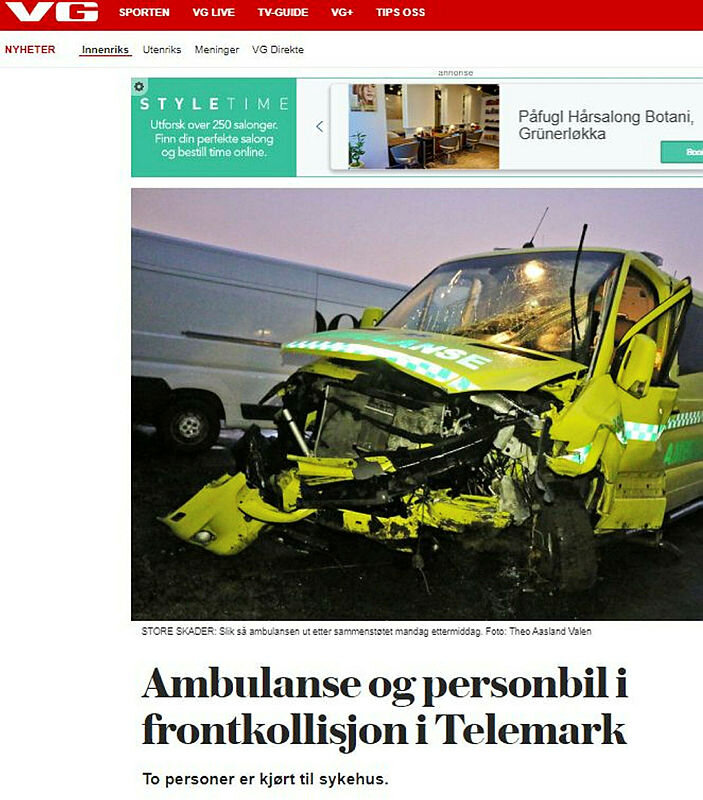Skjermdump fra VGs oppslag om ulykken