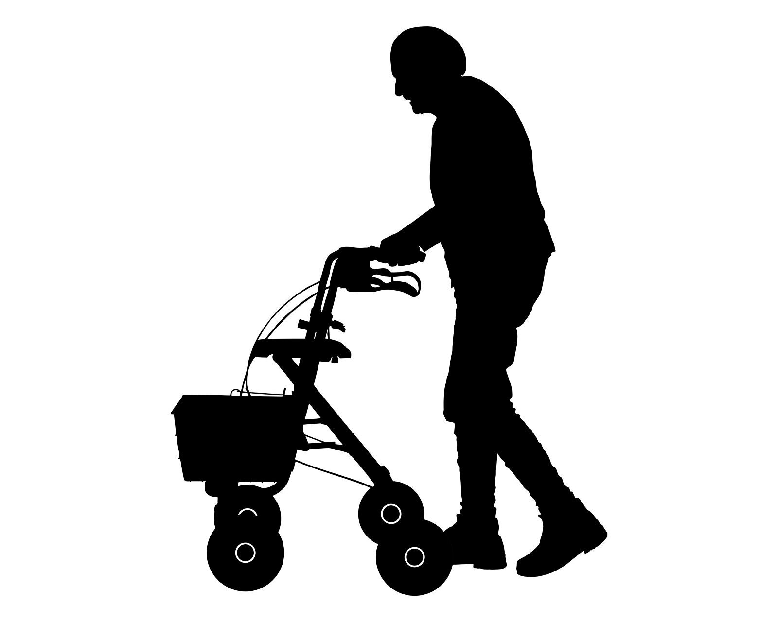 Illustrasjonen viser en eldre mann som går med rullator i profil.