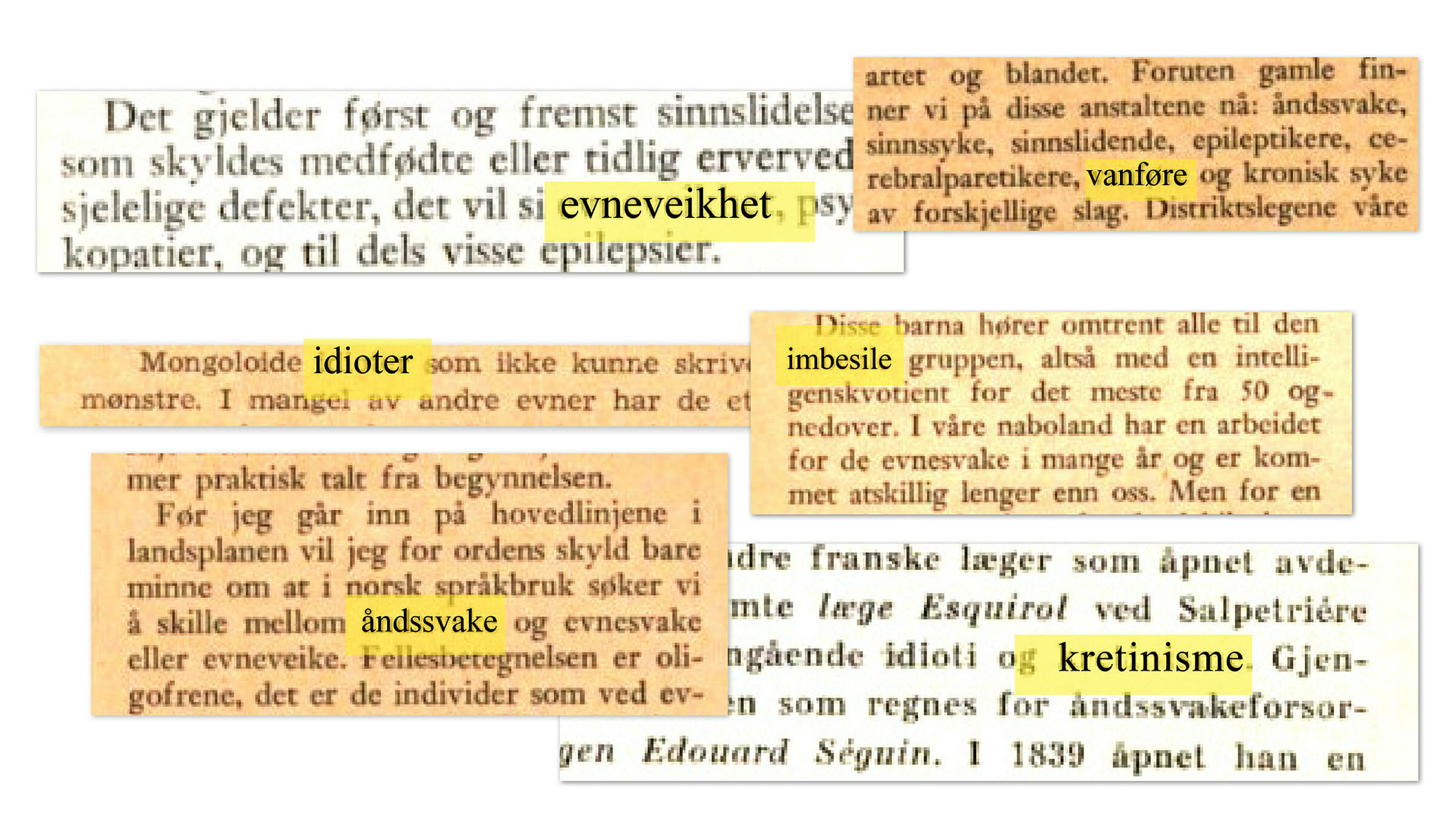 Collage med utdaterte ord fra Sykepleiens arkiv