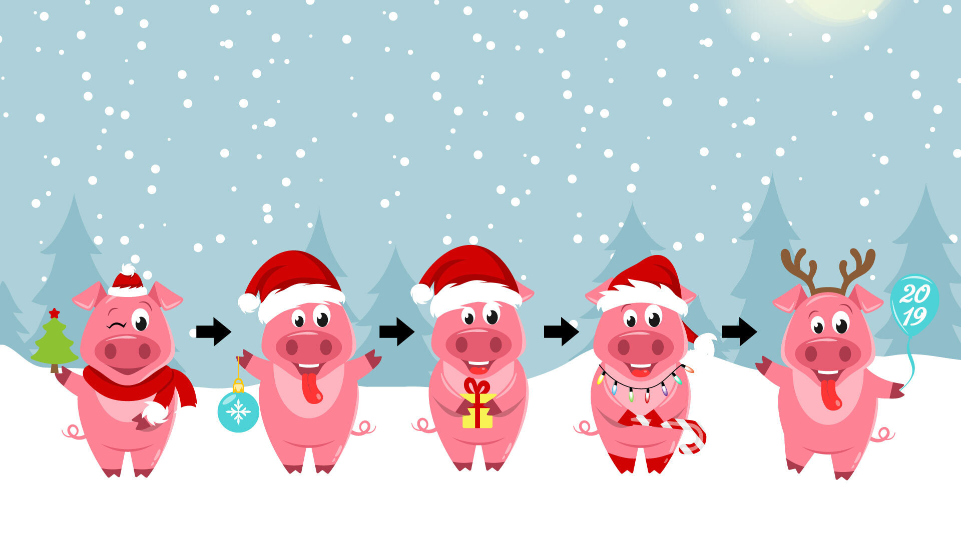 Tegninger av fem små julegriser på rekke og rad