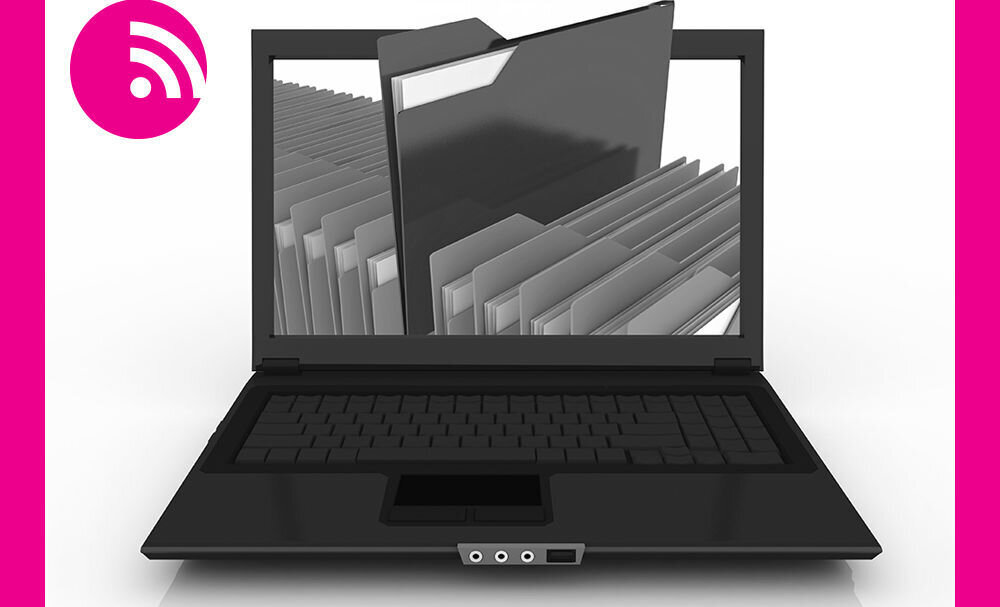 Illustrasjonen viser en bærbar PC, åpen og sett forfra