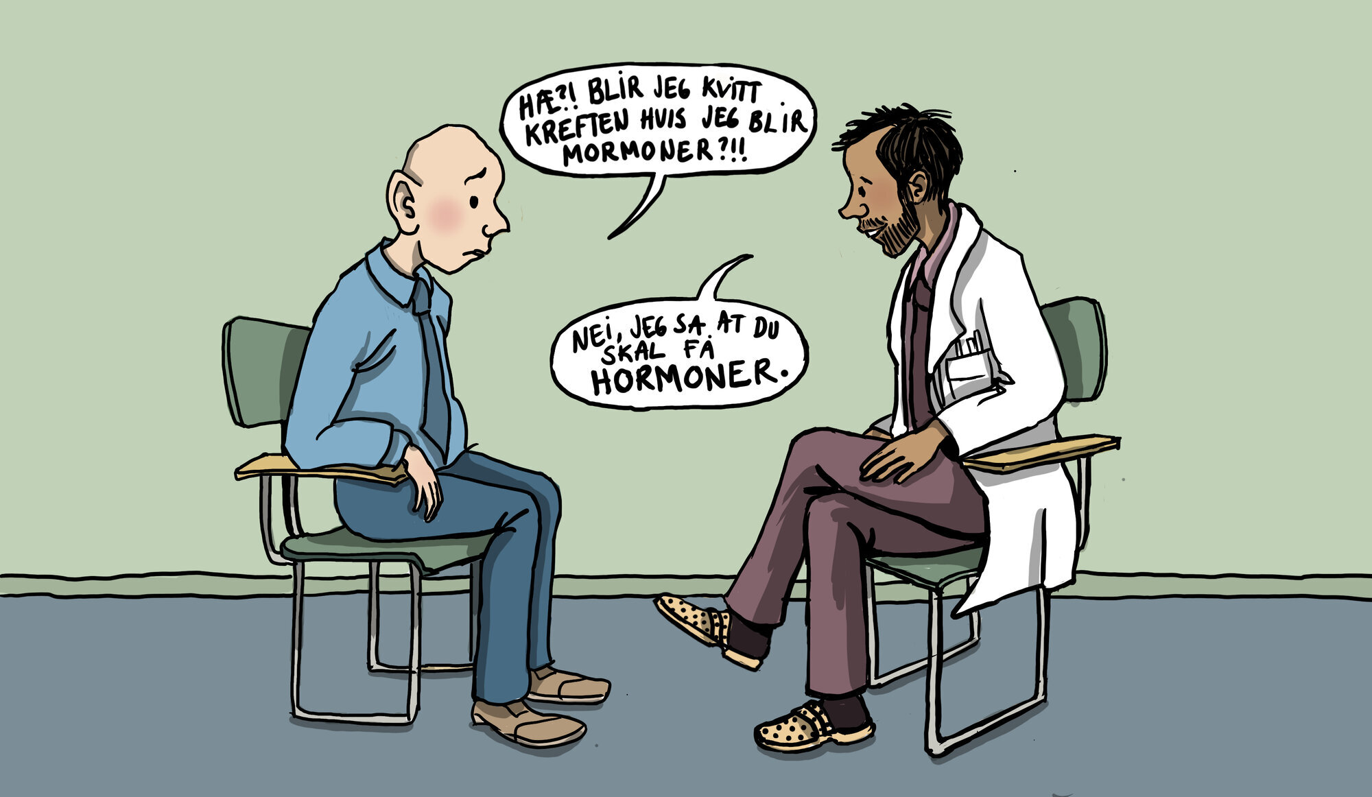 Illustrasjonen viser en kreftsyk som sier følgende til legen: "Hæ, blir jeg kvitt kreften hvis jeg blir mormoner?!!". Legen svarer: "Nei, jeg sa at du skal få hormoner."