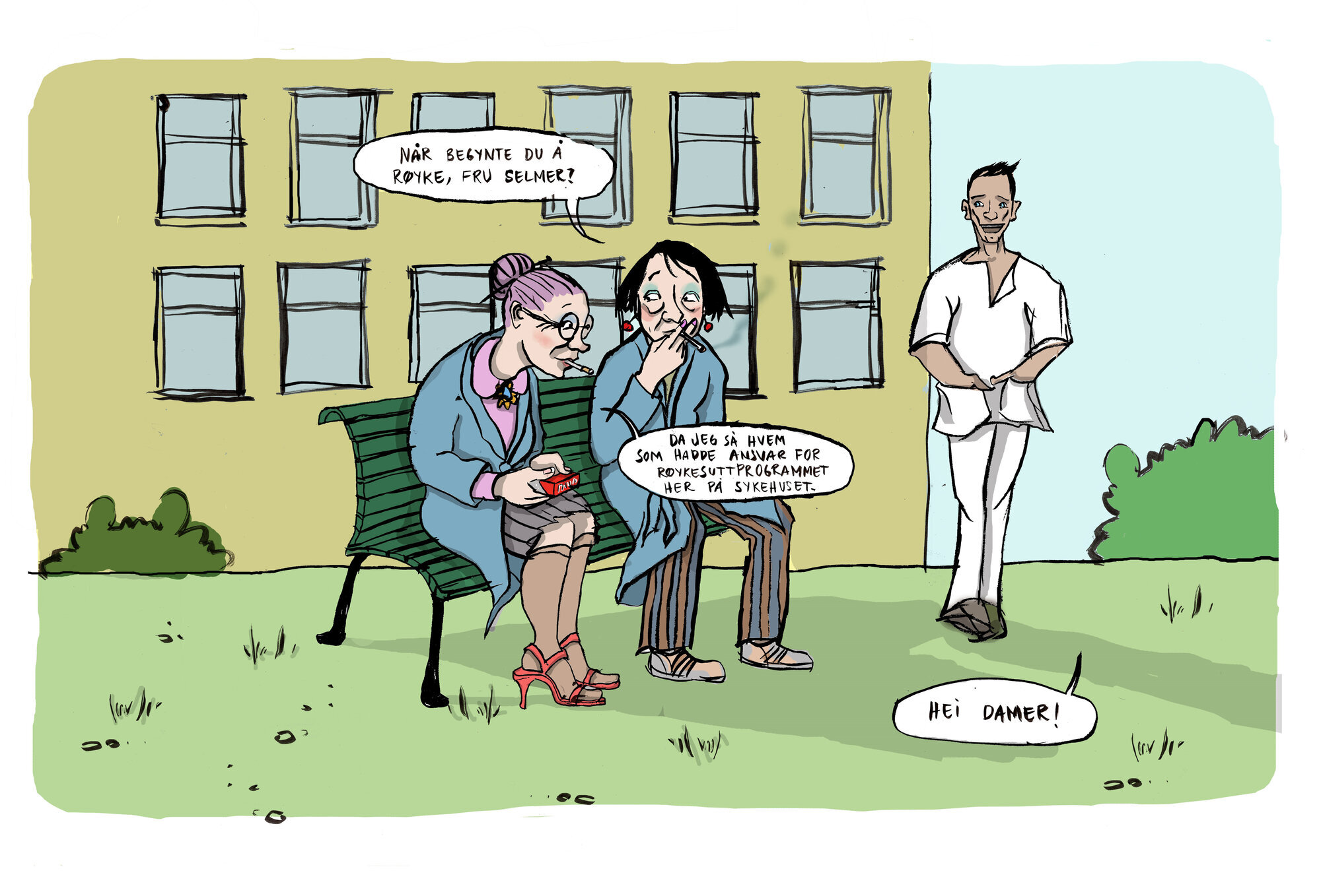 Illustrasjonen viser to eldre damer på en benk utenfor sykehuset, som røyker. En mannlig lege går forbi.