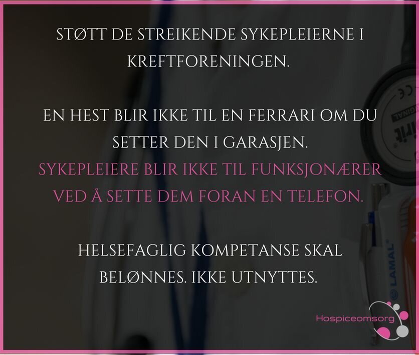 Skjermdump fra Hospiceomsorg sin Facebookside med støtteerklæring til streikende sykepleiere.