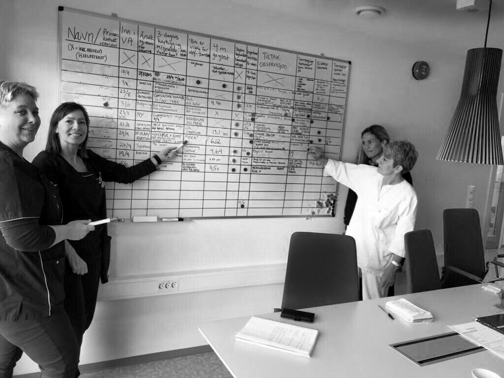 Bilde av fra venstre teamlederne Bodil Fagerheim og Cicilie Sørstrand samt Kari Lie (fysioterapeut) og Gunvor Folde som leder den virtuelle avdelingen i Smøla kommune.