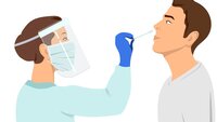 Koronateset Illustrasjonen viser en helsearbeider som tar en koronatest fra nesen til en mann.