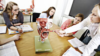 Bildet viser en gruppe studenter som sitter rundt en anatomisk modell