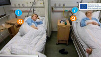 Bildet viser et interaktivt pasientrom, der brukeren kan klikke på elementer og bevege seg rundt blant fire pasienter.