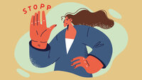 Illustrasjonen viser en sykepleier som holder hånden opp som stopp-tegn.