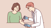Illustrasjonen viser en dame som får vaksine av en lege