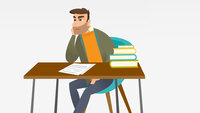 Illustrasjonen viser en mann som sitter ved et skrivebord. På skrivebordet ligger en bunke bøker, og noen papirer ligger foran ham. Han ser misfornøyd ut