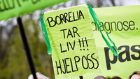 Bildet viser et protestskilt hvor det står "Borrelia tar liv, hjelp oss".