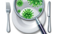 Illustrasjonen viser et forstørrelsesglass over en tallerken, og det ses mikrober.