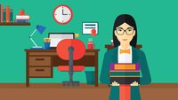Illustrasjonen viser en kvinne som holder en stabel bøker foran en pult med kontorutstyr.