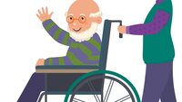 eldreomsorg, pårørende Bildet viser en illustrasjon av en mann i rullestol og en dame som triller ham