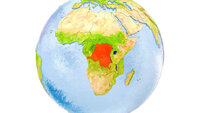 Bildet viser en globus hvor Afrika er i sentrum  og landet Kongo er markert i rødt