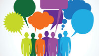 snakkebobler Illustrasjon av menneskegruppe med hver sin snakkeboble.
