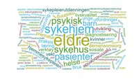«Eldre», «sykehjem», «sykehus» og «psykisk» er ord som går igjen i 2016s sykepleierelaterte forskning. En ordsky basert på beskrivelser av sykepleierelatert forskning i 2016.