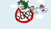 Illustrasjonen viser helsepersonell og ordet sepsis.