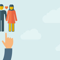 Illustrasjonen viser et par som holder hender og en hånd som peker på dem.