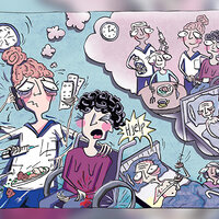 Illustrasjonen viser en sykepleier i en hektisk arbeidssituasjon som drømmer om en annerledes jobbhverdag