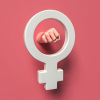 Bildet viser en illustrasjon med en knyttneve som kommer ut av kvinnesymbolet.