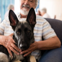 Bildet viser en eldre mann med en hund på fanget.