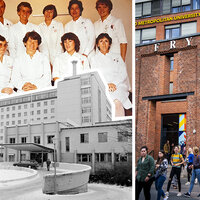 Montasjen viser det første kullet av kreftsykepleierstudenter, Radiumhospitalet i 1982 og Oslomet i 2018.