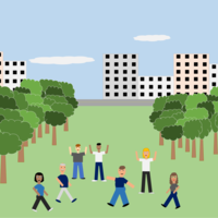 Illustrasjonen viser glade mennesker som trener i friluft