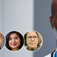 Bildet viser ansiktet til en mørkhudet helsearbeider. Mannen har et alvorlig uttrykk i ansiktet.