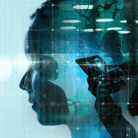 Illustrasjonen viser en dobbelteksponering av et kvinneansikt og operasjonssykepleiere med teknologisk utstyr.