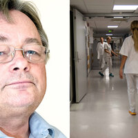 Bildet viser en Leif E. Moland og en korridor med sykepleiere.