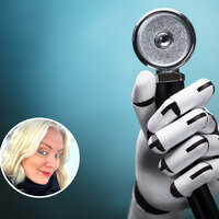 Bildet viser en robot som holder et stetoskop