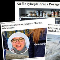 Montasjen viser faksimiler fra saker skrevet om arbeidstøy for sykepleiere.