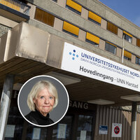 Bildet viser Universitetssykehuset Nord-Norges lokaler i Harstad med et bilde av Sykepleiens redaktør Anne Hafstad innfelt