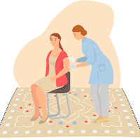 Illustrasjonen viser en sykepleier som setter vaksine i armen på en kvinne