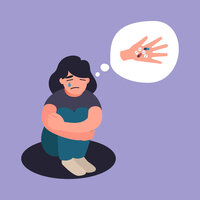 Tegning av kvinne som sitter og gråter når hun tenker på piller som vises i en tankeboble.