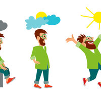 Bildet viser en mann i tre stadier, først som deprimert, så lysner det litt, og til slutt skinner solen