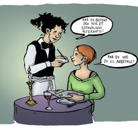 Illustrasjonen viser en dame på restaurant som bestiller av servitøren. Servitøren sier: "Har du bestemt deg for et behandlingsvalg?" Damen svarer: "Har du noe du vil anbefale?"